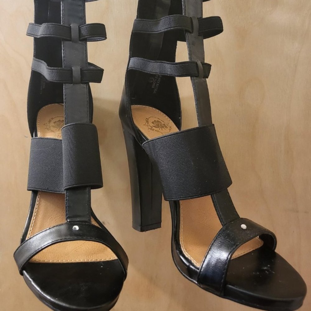 Women Leatherette Open Toe Elastic Chunky Heel Gladiator Sandal